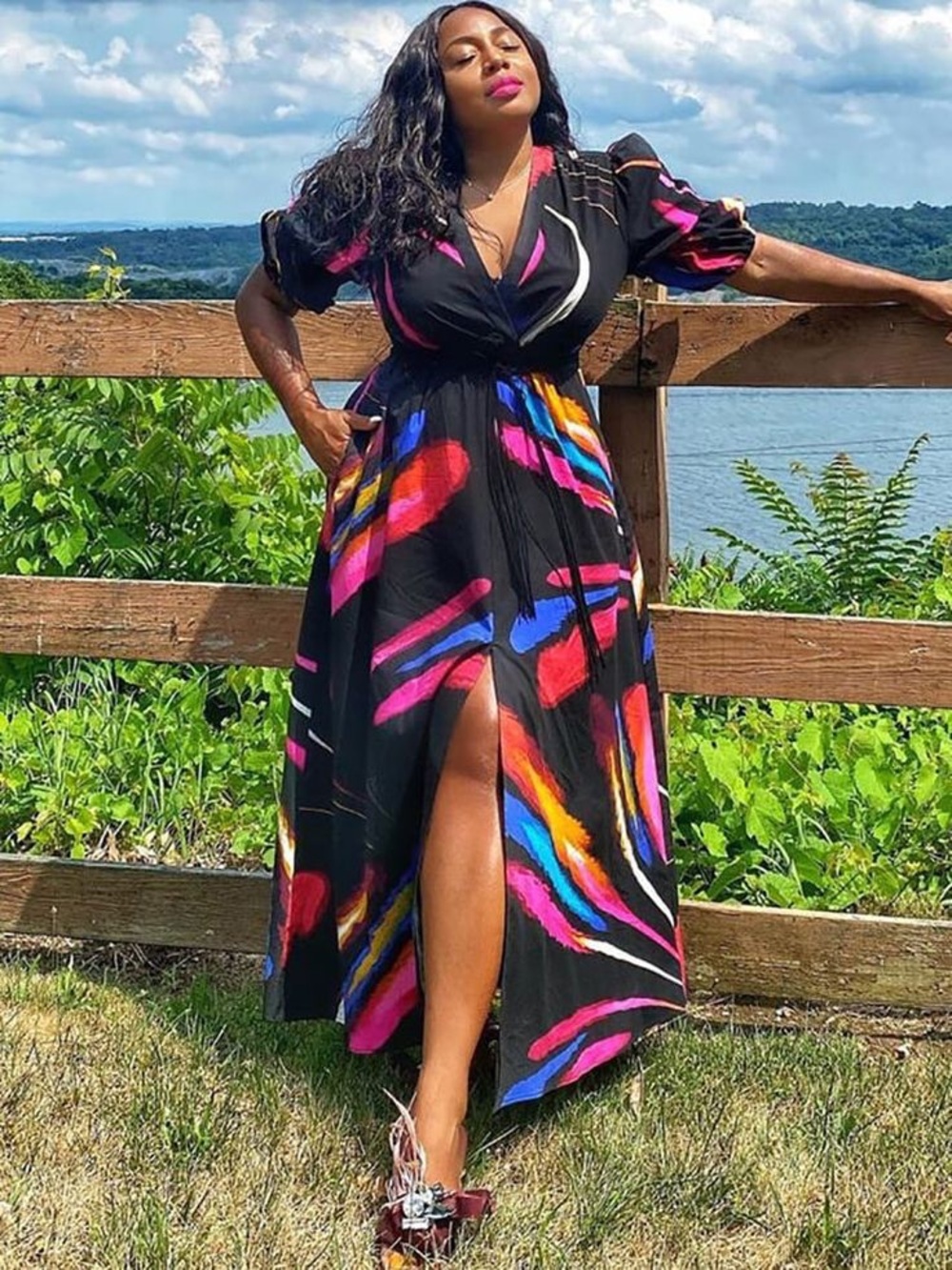 Black Abstract-Print Maxi Dress with Multicolor Brushstrokes
